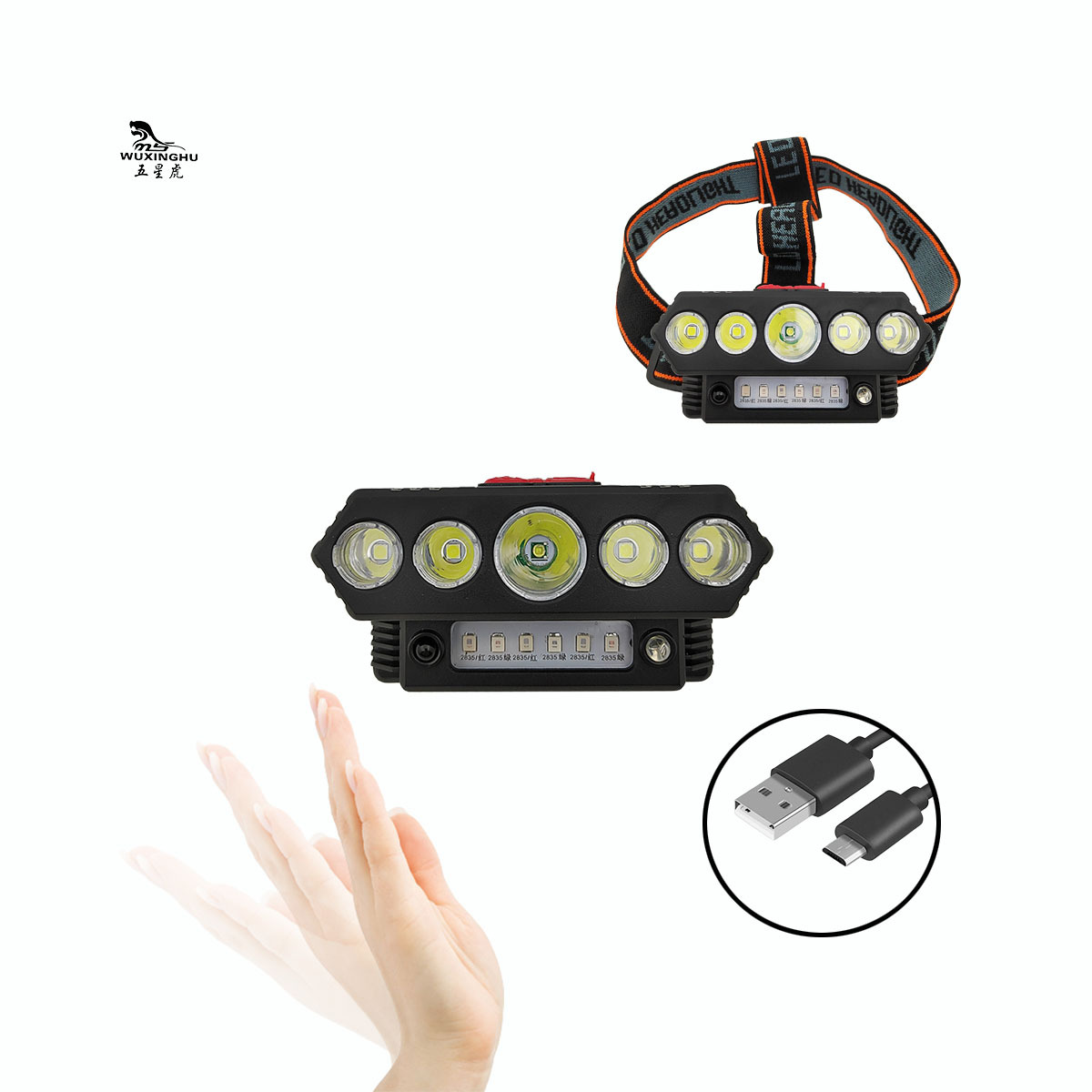 Cross-border hand-waving sensor headlamp, strong light rechargeable, long-range shooting, waterproof USB charging, head-mounted night fishing outdoor headlamp pic 1