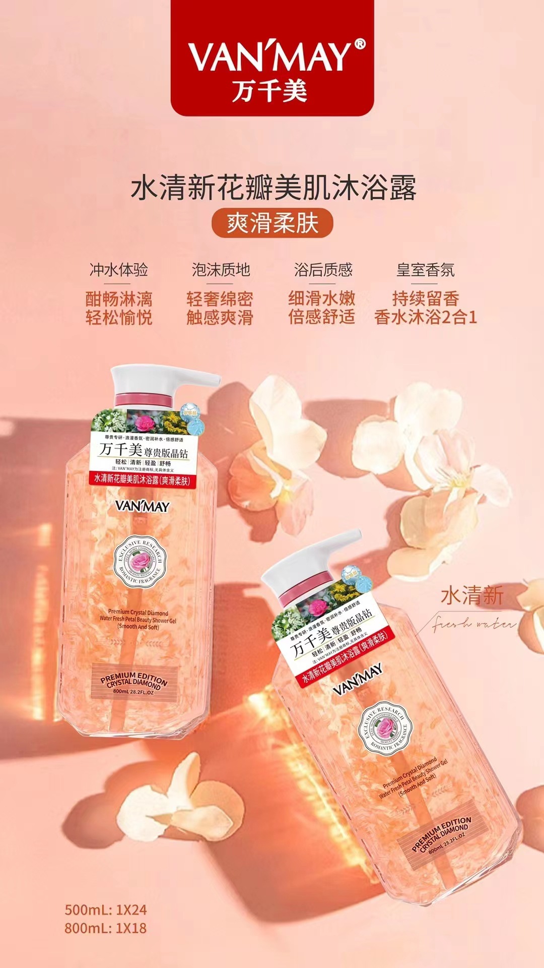 万千美尊贵版晶钻水清新花瓣沐浴露舒适清爽香水沐浴露洗护清洁详情3