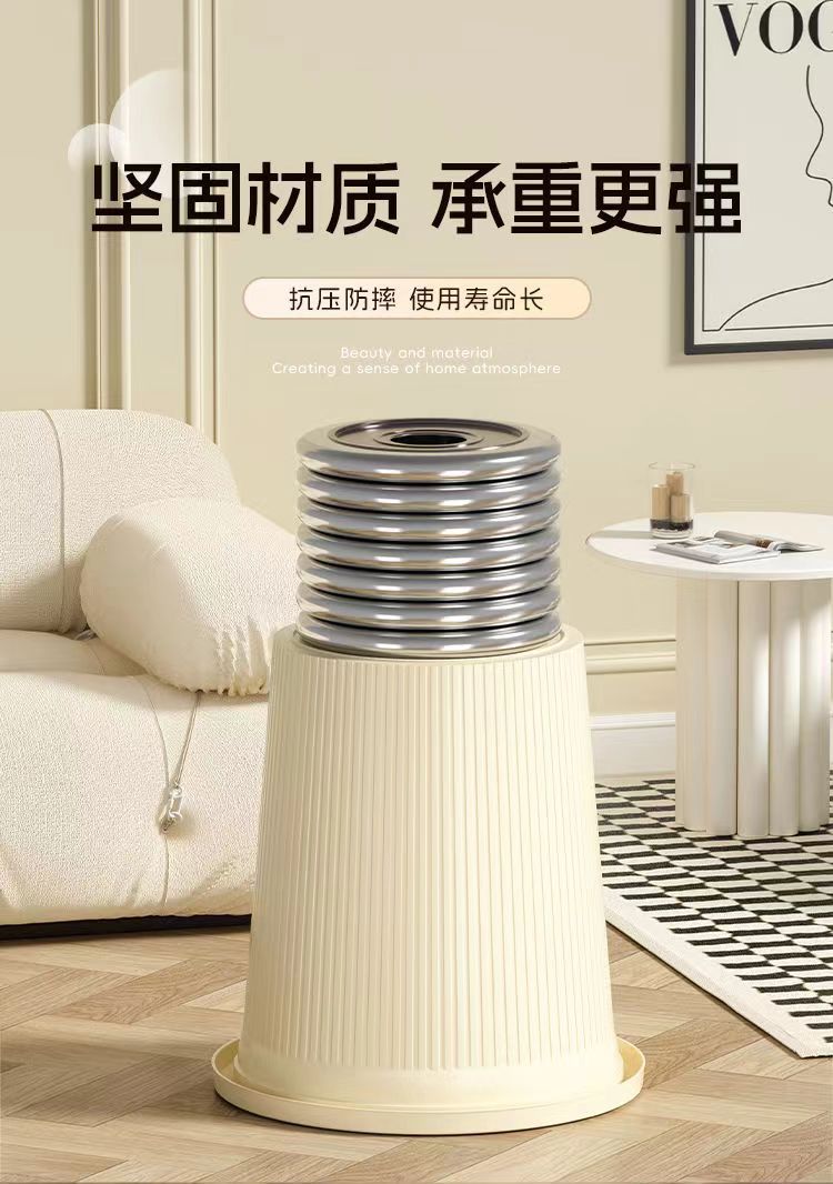 奶油风垃圾桶家用无盖压圈纸篓大号厨房卫生间客厅条纹简约垃圾筒详情9