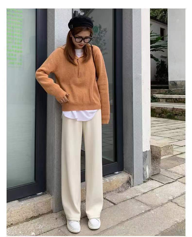 Otoño invierno 2022 pantalón de pierna ancha mujer casual holgada cintura alta con sensación de caída pantalón mop con fleece y espesor negro apricot pantalones rectos mujer pic 11