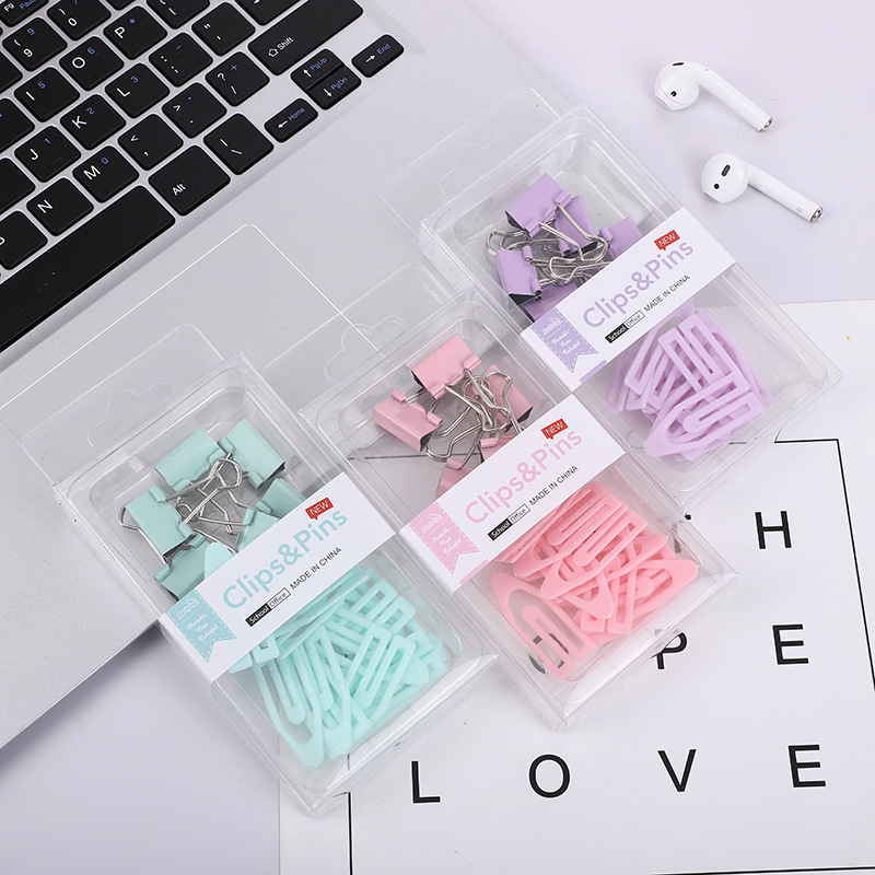 Cross-border 2-in-1 office combo set, macaron-colored large and small paper clip, ticket holder, thumbtack, swallowtail clip, box set pic 11