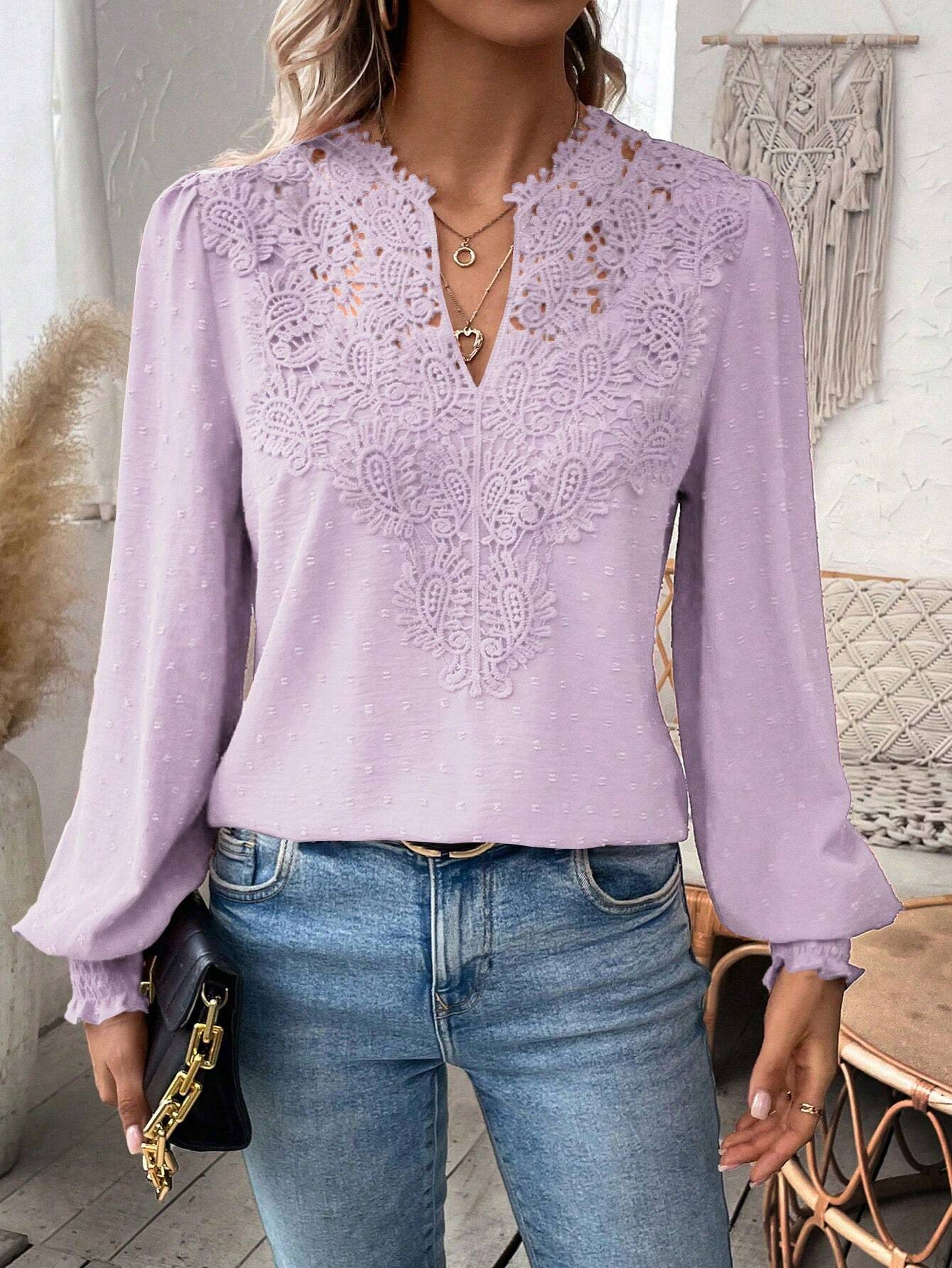 The new autumn and winter fashion V-neck lace solid color long-sleeved casual T-shirt for women on Amazon Cross-border in Europe and America in 2024 pic 4