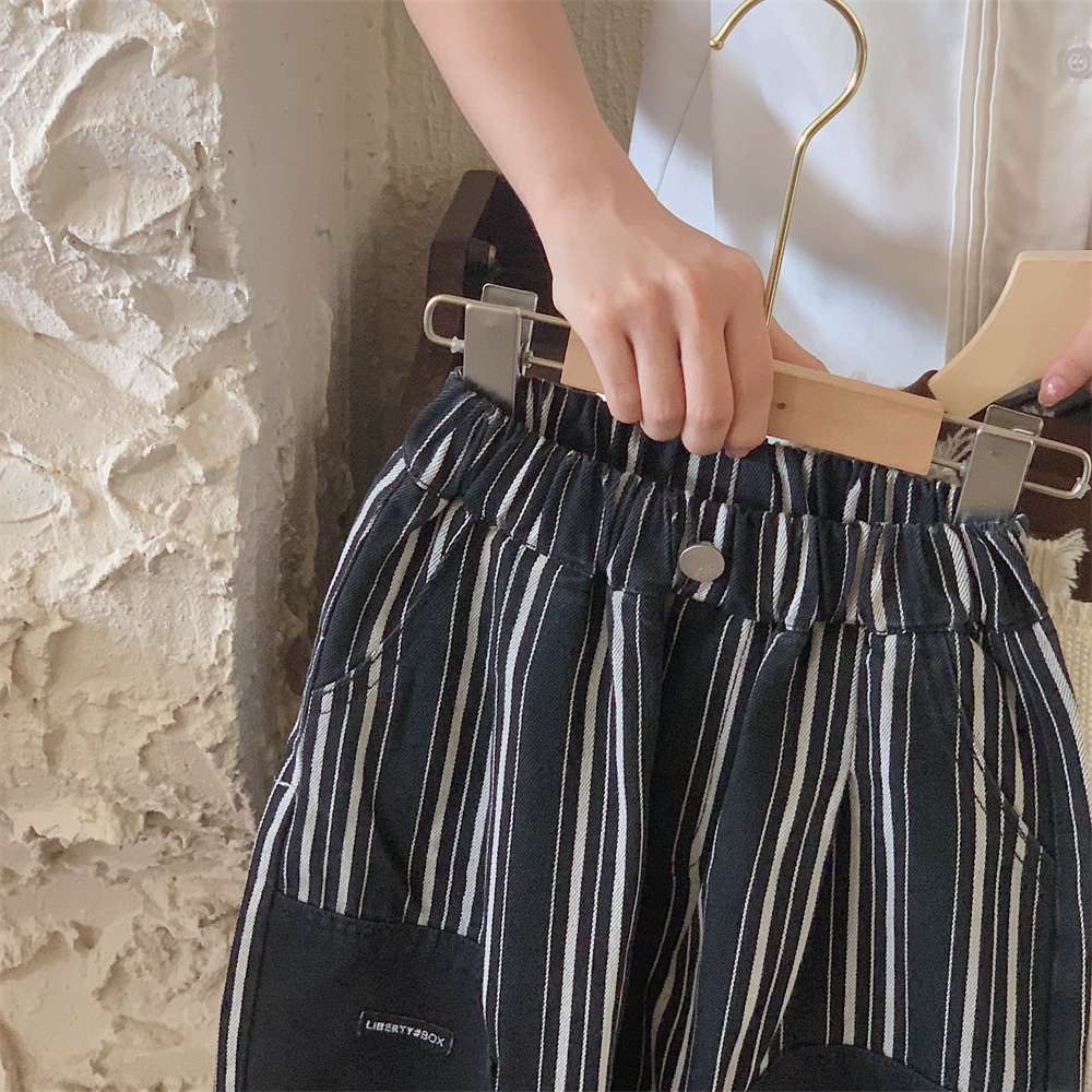 蒙田儿童长裤2023秋季新品男女童韩版提花条纹牛仔裤宝宝休闲长裤详情4