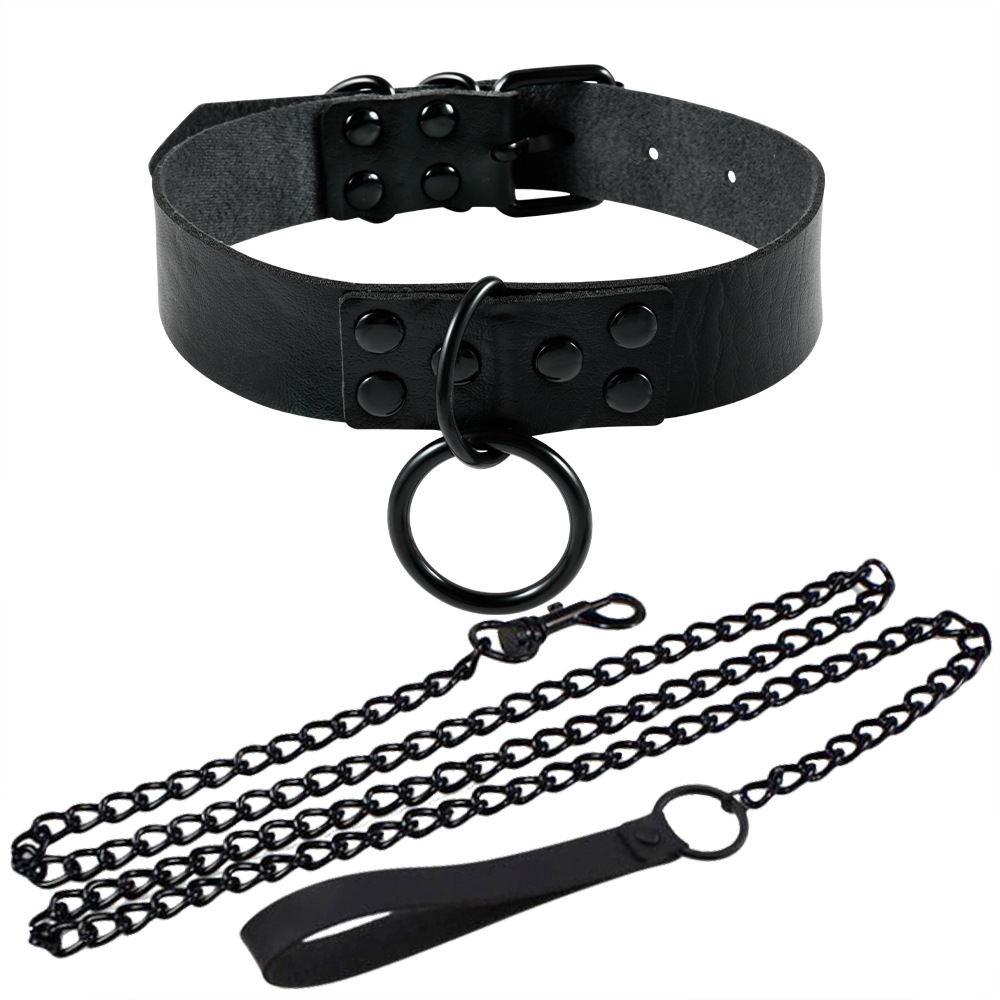 跨境黑皮革项圈链条皮质钉心项圈颈带choker圆环项链颈链链条乳夹详情16