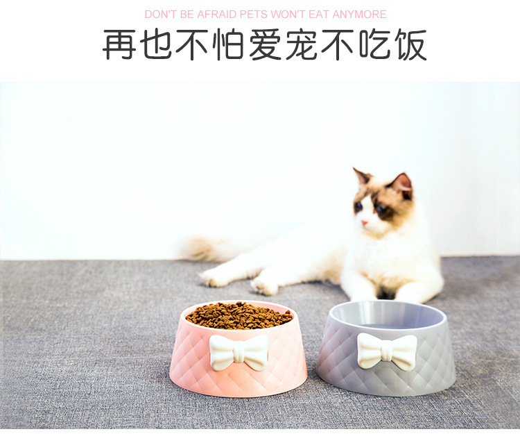New cute bow pet bowl, ins diamond-shaped pattern pet cat bowl, leak-proof dog bowl and basin pic 2