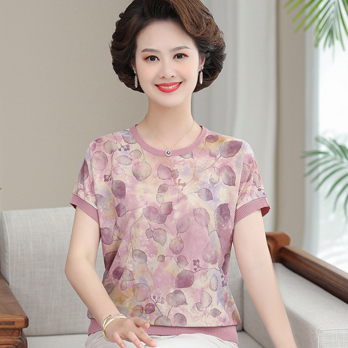 New fashionable chiffon short-sleeved T-shirt for middle-aged and elderly mothers in summer, elegant top for middle-aged women, and trendy floral mini shirt pic 20