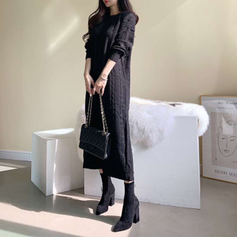 韩版chic秋冬新款圆领麻花针织长款宽松加厚连衣裙毛衣详情6