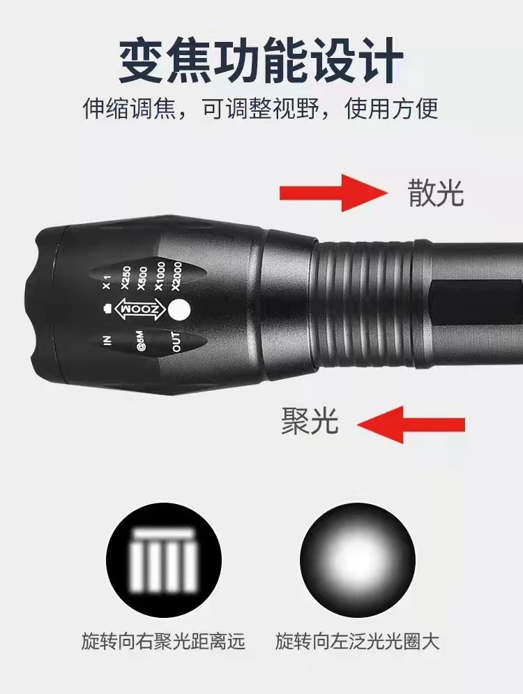 Wholesale of T6 aluminum alloy telescopic zoom multi-source flashlight for cross-border outdoor mini flashlights pic 9