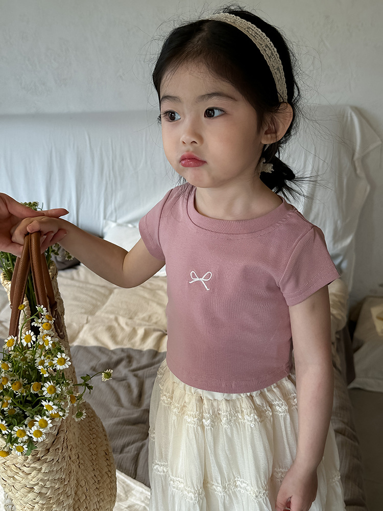 女童蝴蝶结露背T恤2024夏季新款韩版左小然自制刺绣蝴蝶结短袖详情23