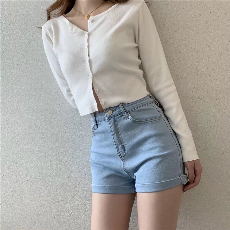 Wholesale of slim Hyuna style versatile rolled-up hot pants for women, high-waisted, light-colored tight denim shorts pic 54
