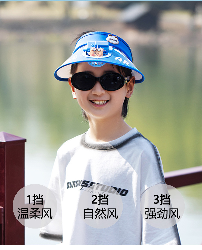夏天儿童风扇帽户外防晒卡通空顶帽带风扇可充电帽子时尚遮阳帽潮详情3