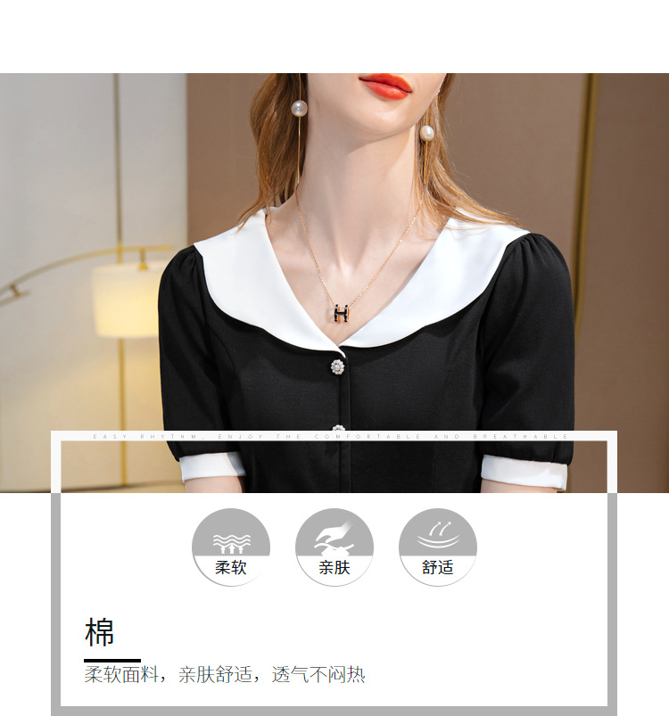 短袖t恤女2022新款女装时尚撞色v领棉体恤减龄娃娃领收腰扣子上衣详情11