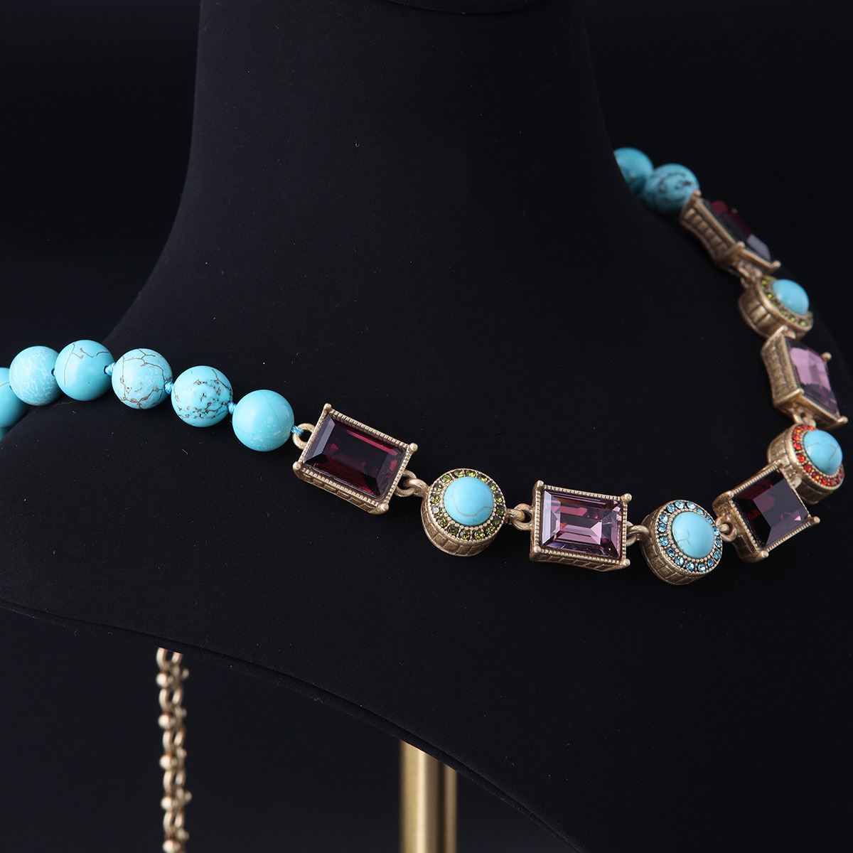 中古vintage高级感时尚小众设计青岛工厂批发莱茵石绿松石项链女详情4