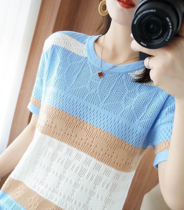 t恤高档夏季女装新款宽松韩版上衣女士针织衫短袖打底衫碎花条纹详情15