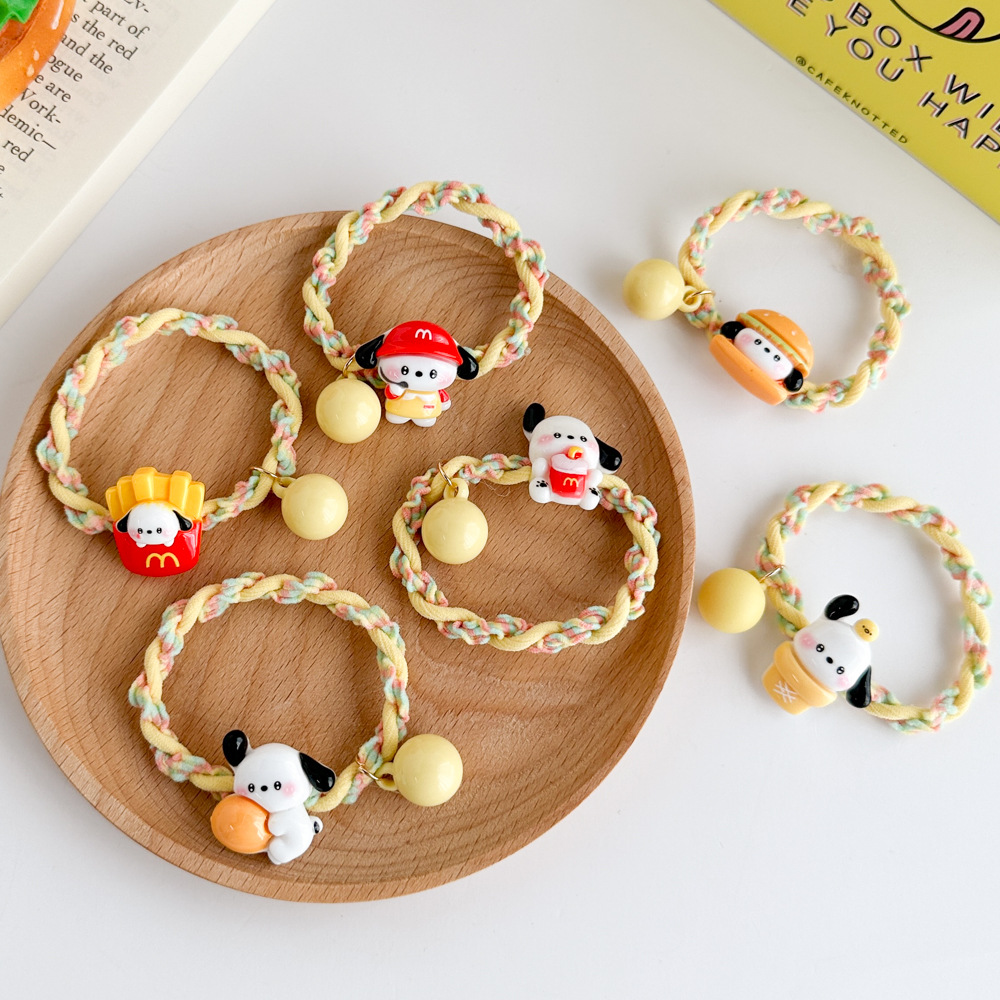 A cute cartoon cream-colored puppy hair tie and a sweet girl with a ponytail at the back of her head pic 8