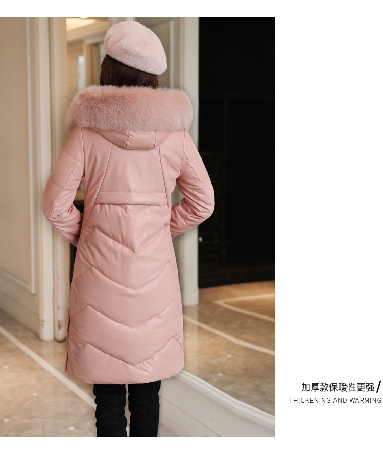 Korean winter new mid-length down cotton-padded jacket, PU leather, true fox fur collar, thickened leather coat pic 15