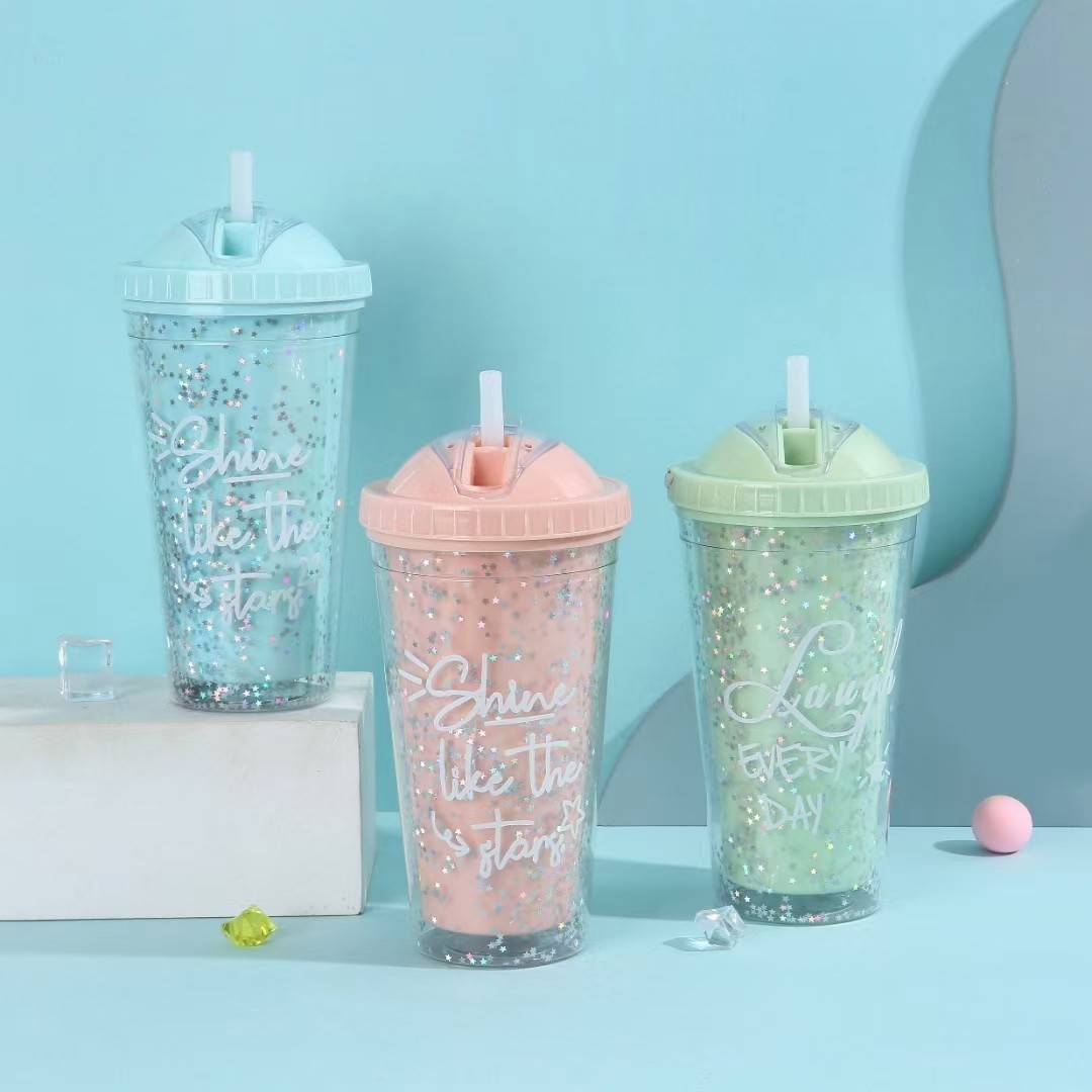 Simple and high-appearance double-layer transparent summer portable household straight plastic water cup, student seven-color foam straw cup pic 2