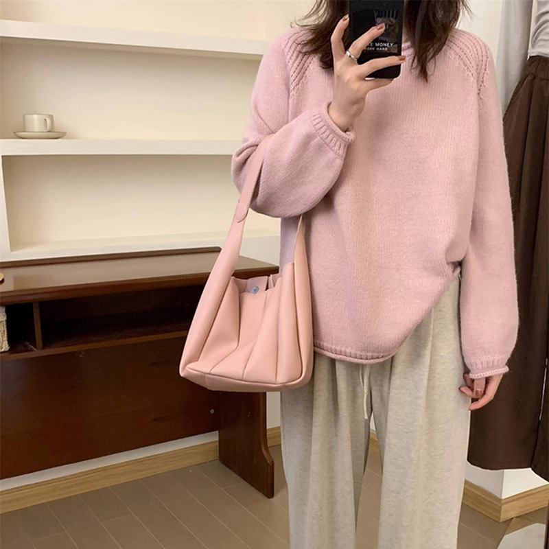 Korean-style puffed solid color pullover sweater for women, gentle and loose knitted top, versatile, laid-back style, fashionable and soft sweater pic 4