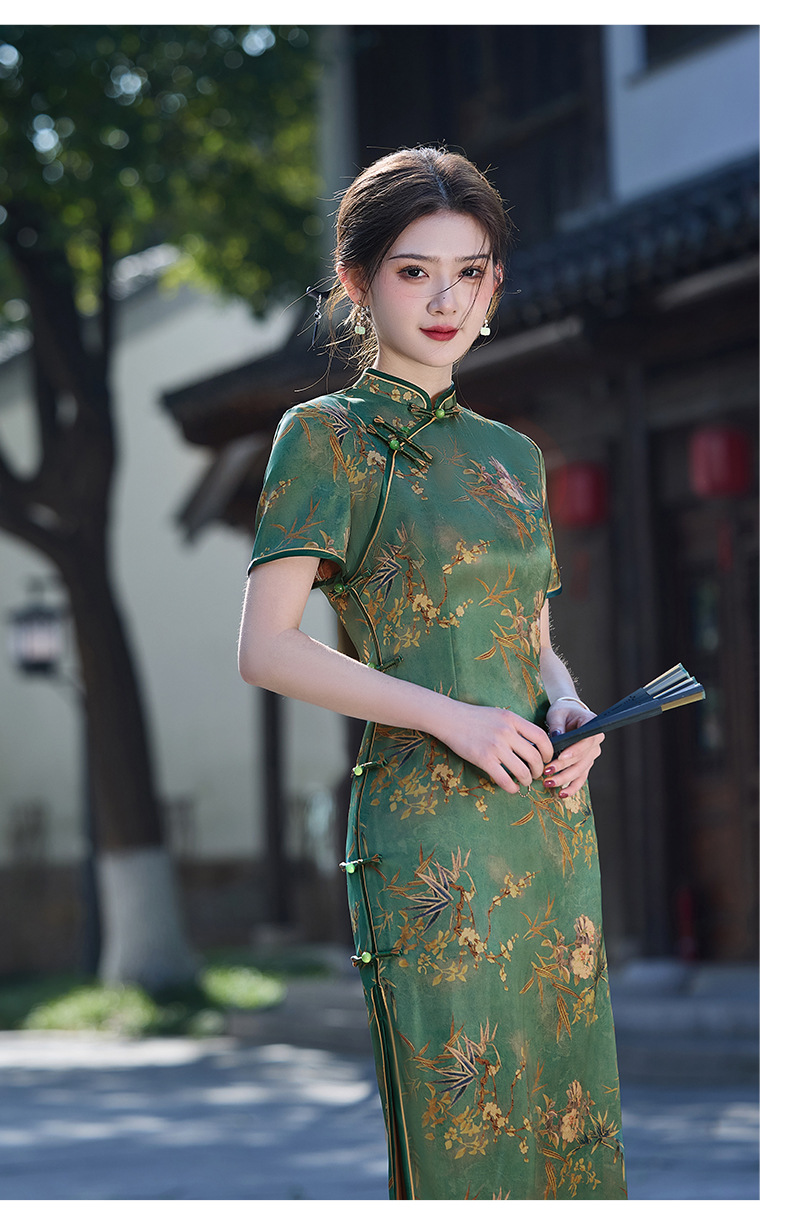 双国潮层长款优雅复古改良2025春夏绿色醋酸民国风气质修身名媛旗袍裙详情12