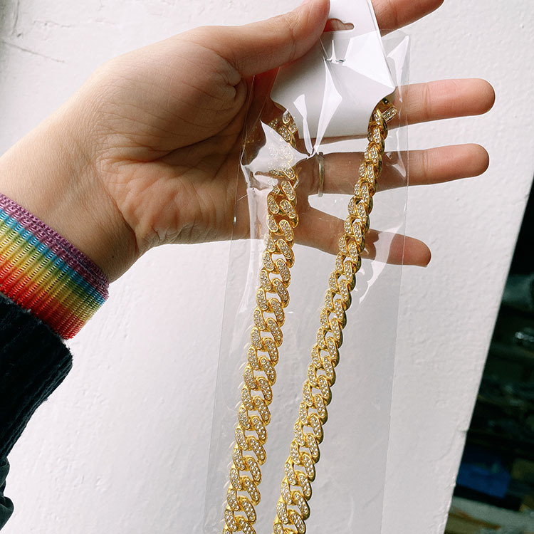 欧美合金线条古巴链镶钻手链13毫米满钻男女士嘻哈风镀金项链详情23