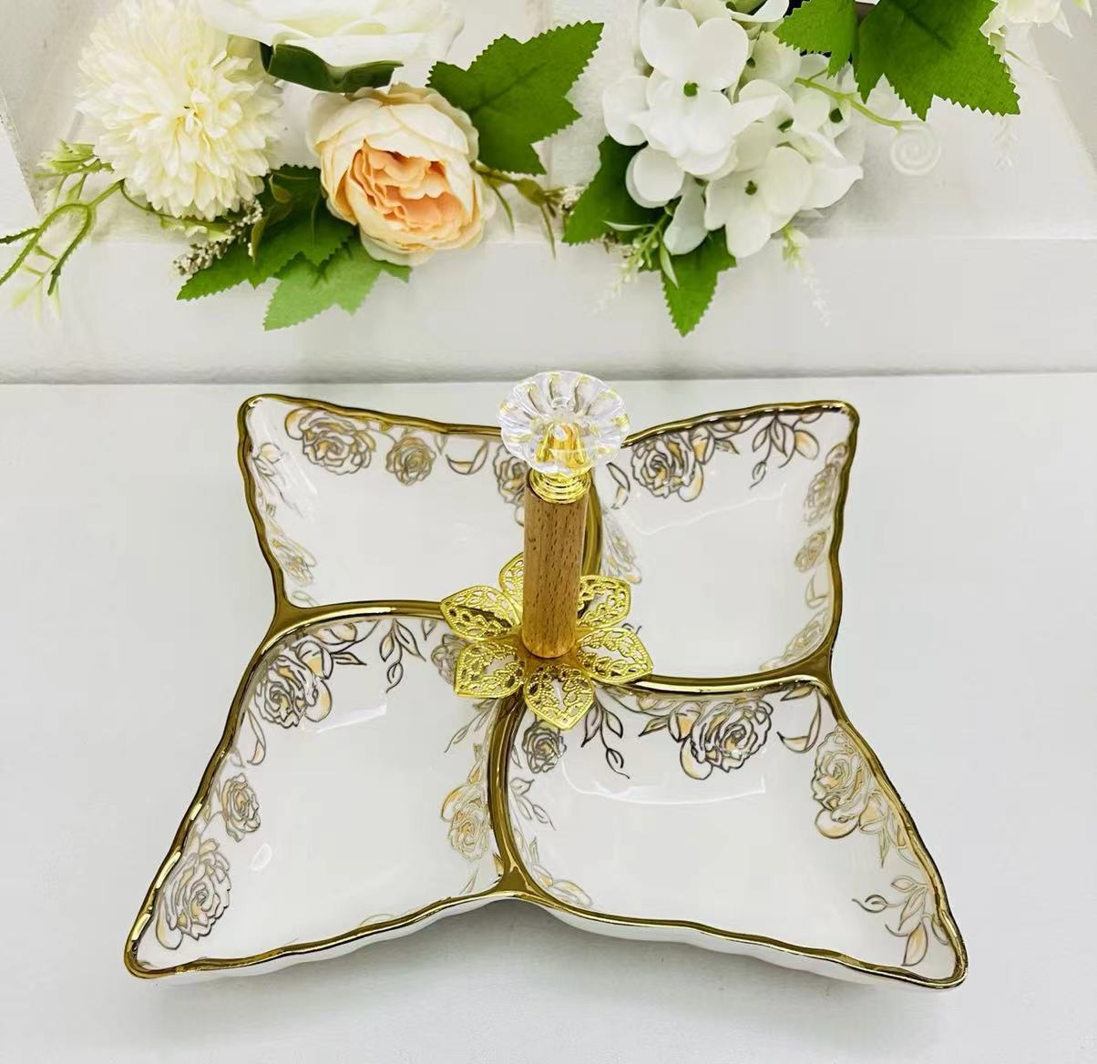 Creative ceramic multi-compartment fruit plate, pastry plate, flower tea, dried fruit snack plate, crystal, 4-compartment tableware, fruit plate, 13-piece golden castle vase pic 2