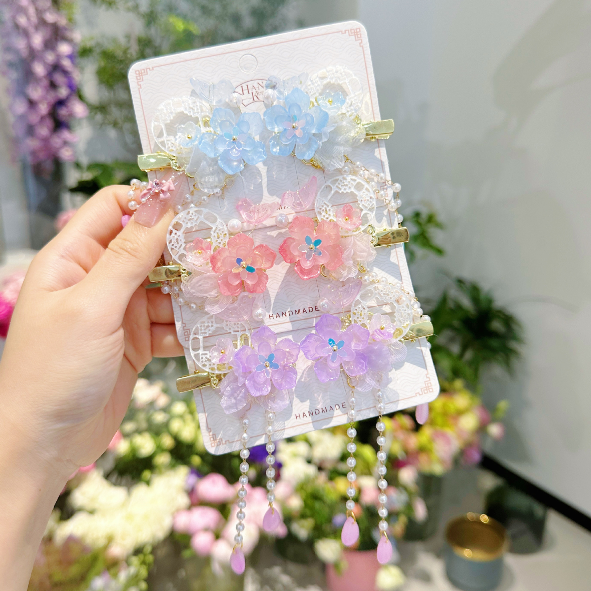 儿童发夹 国潮系列新款古风花朵蝴蝶珍珠流苏中国风琉璃对夹女孩汉服头饰详情6