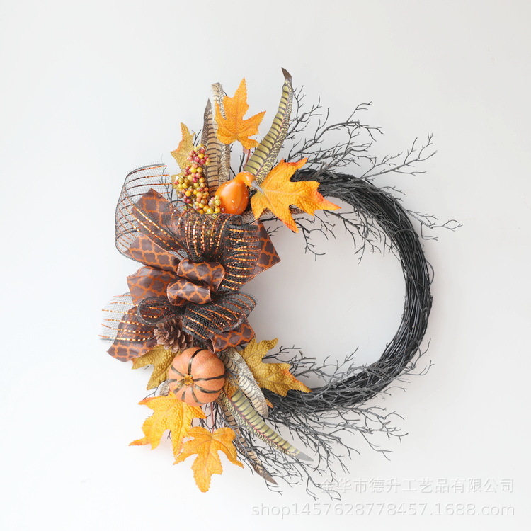 Desheng Cross-border E-commerce Amazon Halloween simulation maple leaf pumpkin Ribbon wall hanging vine ring wreath decoration pic 2