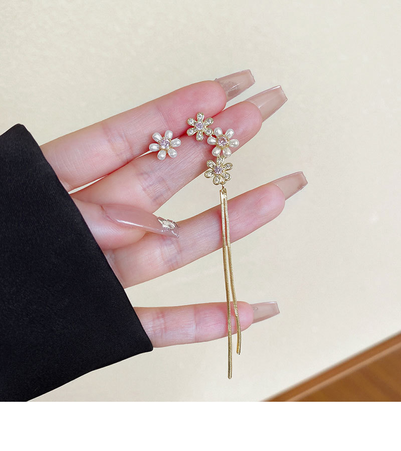 S925银针不对称珍珠花朵耳环女轻奢高级感流苏长款耳钉耳饰品批发详情12