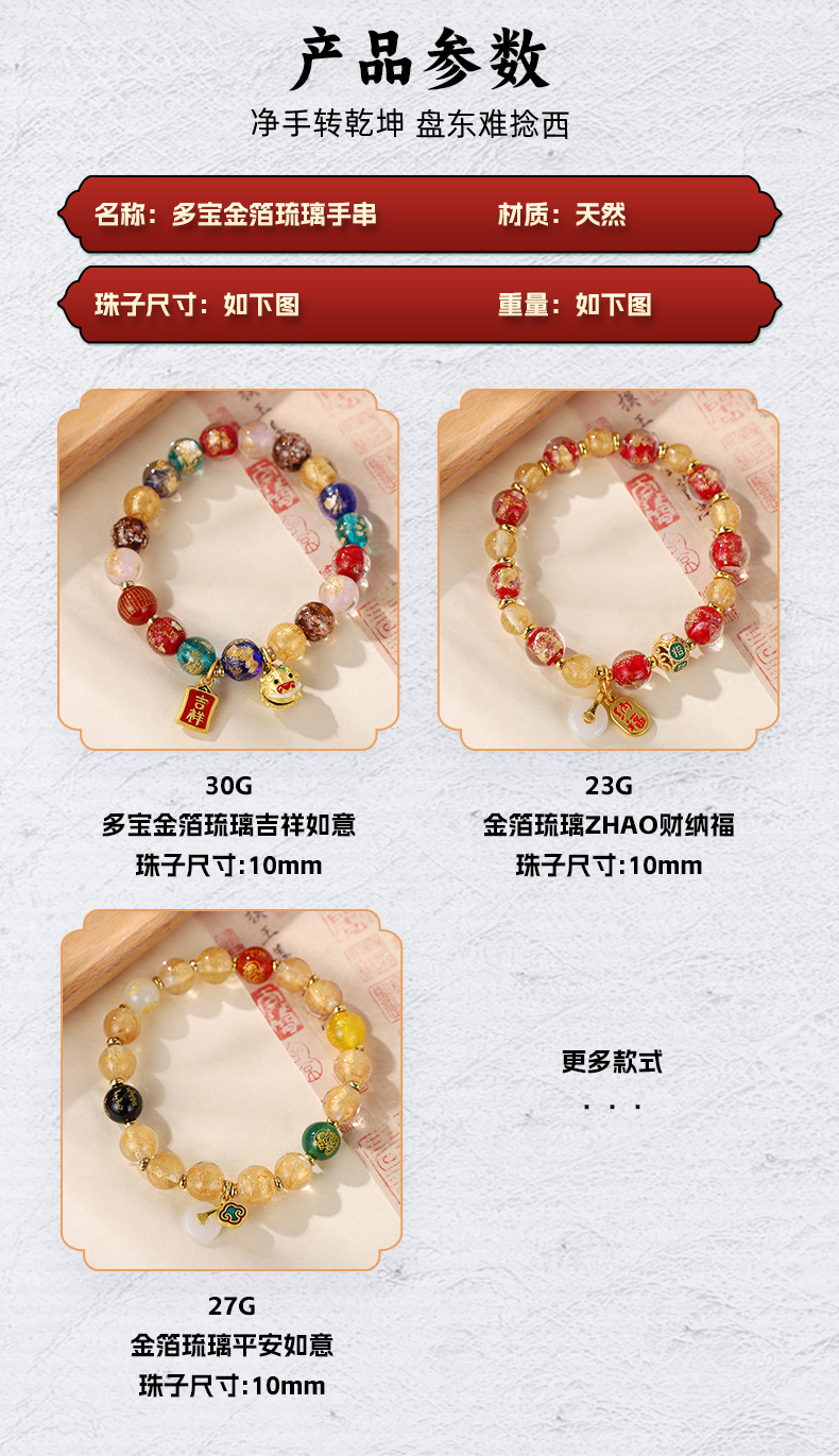 景区热款香灰琉璃手串国潮醒狮吞金兽纳福手链金银箔多宝佛珠手饰详情3