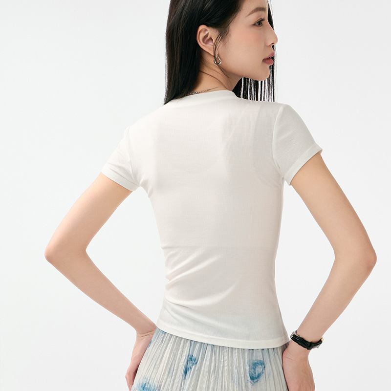 韩版简约针织短袖T恤女夏季新款小众设计感修身百搭圆领纯色上衣详情5