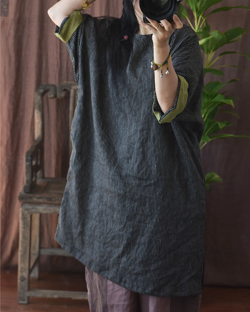 Hyacinth/Original striped contrasting color diagonal lapel hand-sewn button-up retro loose robe patchwork mid-length dress pic 13