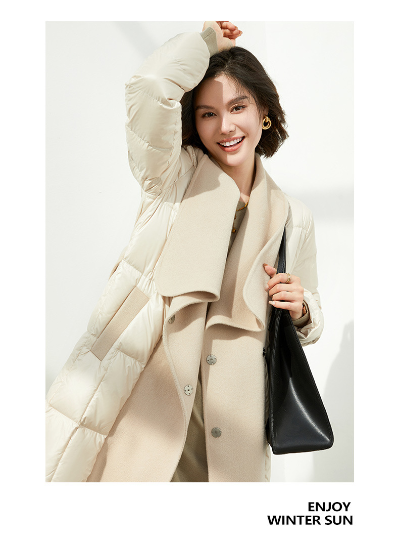 欧品荟设计感女双面呢拼接羽绒大衣外套2022冬季长款白鸭绒羽绒服详情17