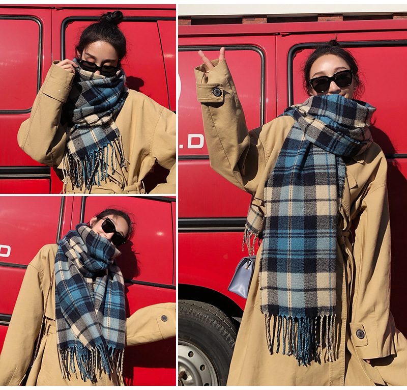 New Korean style checkered scarf for women in autumn and winter, versatile faux cashmere tassel shawl, thick and warm winter scarf wholesale pic 20