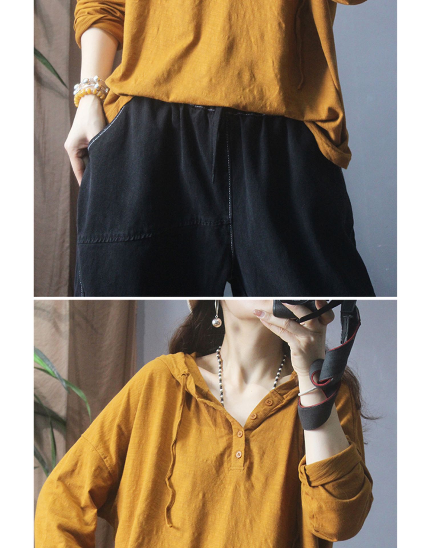 Nueva camiseta de manga larga con capucha mujer 2022 retro holgado commuter button legging pic 21