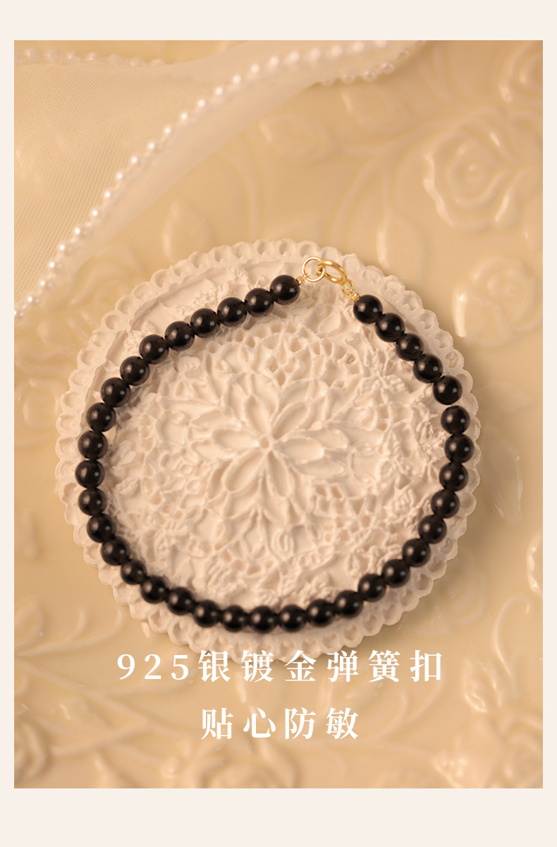 4mm round bead natural obsidian bracelet for women S925 sterling silver, a niche retro and unique black beaded bracelet pic 9