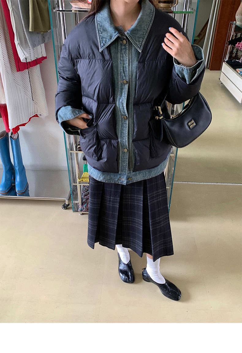 Qumeng DT CLASSIC Retro patchwork fake two-piece denim down jacket for women, 90 white duck down winter coat for women pic 11