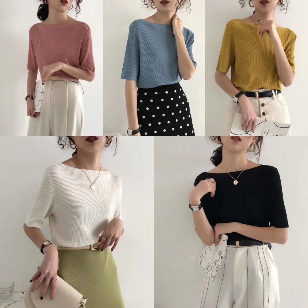 2021春秋新款百搭宽松一字领冰丝内搭针织上衣中袖T恤详情1