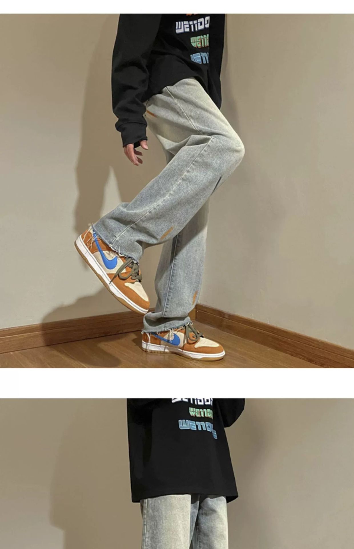 泼墨牛仔裤男款春秋美式复古毛边直筒裤潮流宽松小众百搭休闲长裤详情7