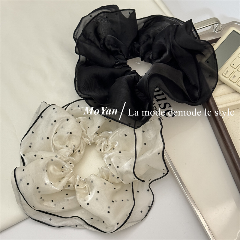 Double-layer fluffy cloud polka dot pearlescent gauze large intestine hair band, elegant bun hairstyle hair tie 2024 ponytail hair tie hair accessory pic 2