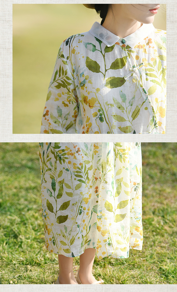 新中式棉麻女装2023春夏季新款碎花连衣裙女翻领显瘦女士苎麻长裙详情19