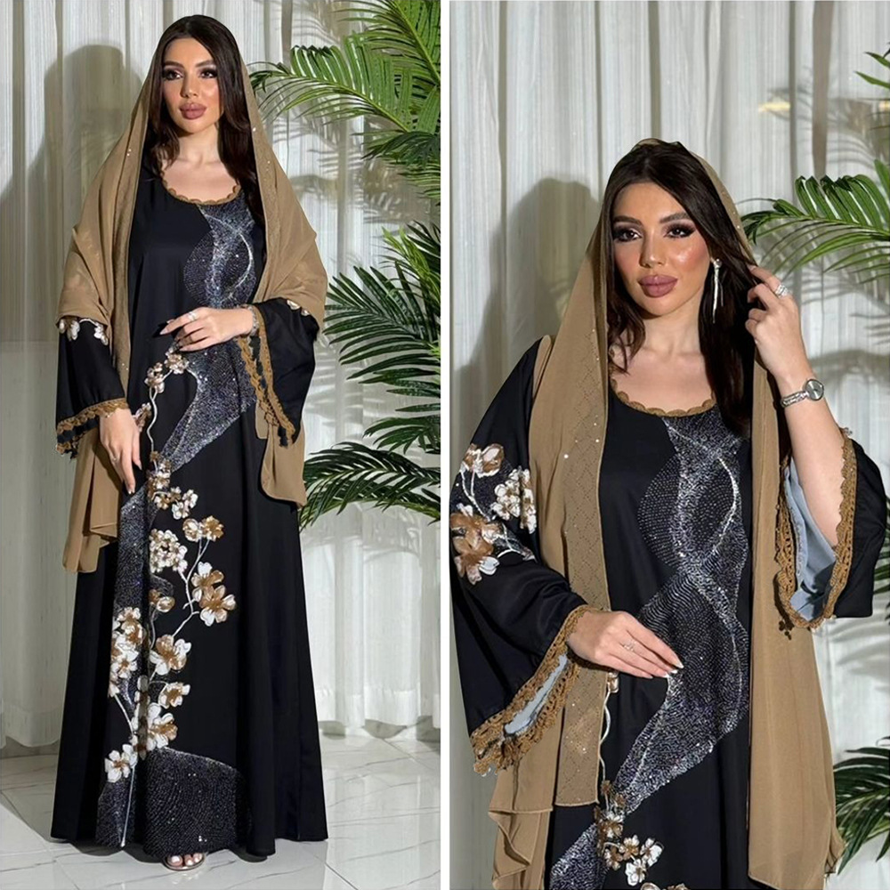 XQY500263 Cross-border Middle East Muslim Robe Dubai Arab printed Robe Dress with belt pic 14