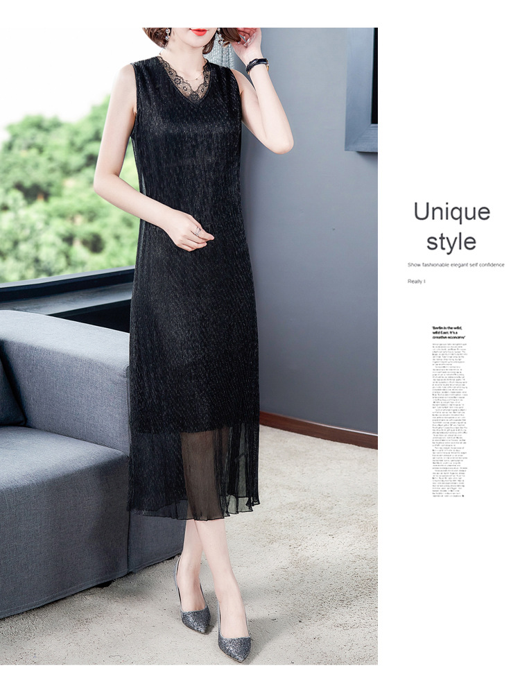 蕾丝连衣裙夏2024夏季新款女装韩版小黑裙时尚修身V领无袖连衣裙详情8