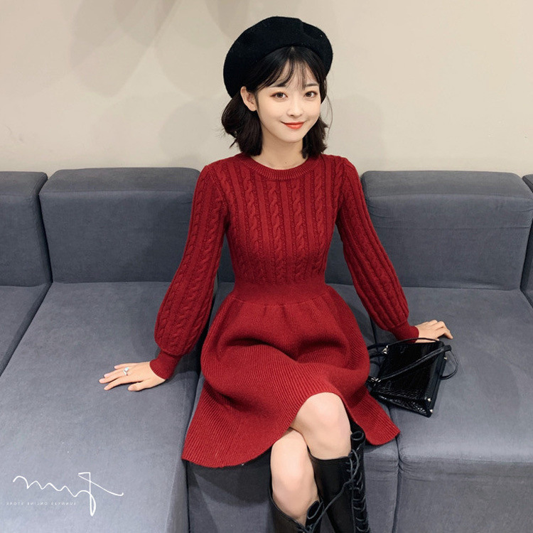 麻花拼接秋冬季连衣裙女高腰显瘦针织裙子现货批发新款女装详情15