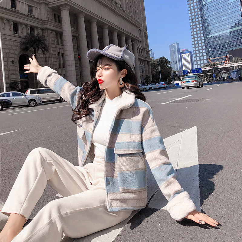 New loose checkered thickened windbreaker, short and versatile woolen coat for petite people pic 17