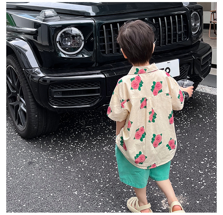 儿童衬衫2023童酷夏装韩版洋气宝宝上衣帅气玫瑰花满印男童衬衣潮详情17