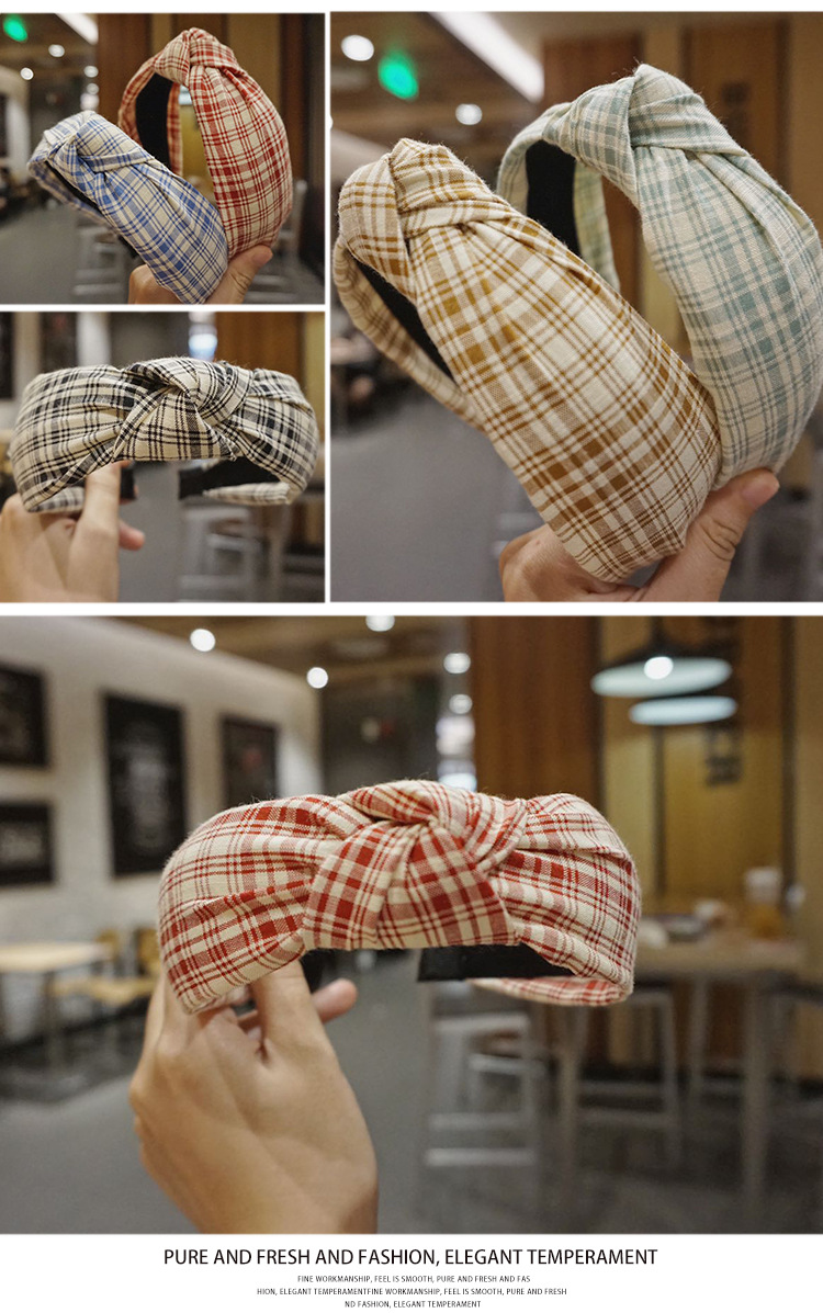 The new Korean version of the irregular checkered knot headband features a simple cross checkered pattern for women and a wide edged-tied knot headband pic 7