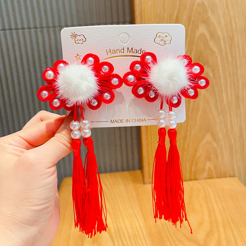 新年款红色古风流苏发夹儿童汉服发卡头饰女童复古蝴蝶结发夹发饰详情60