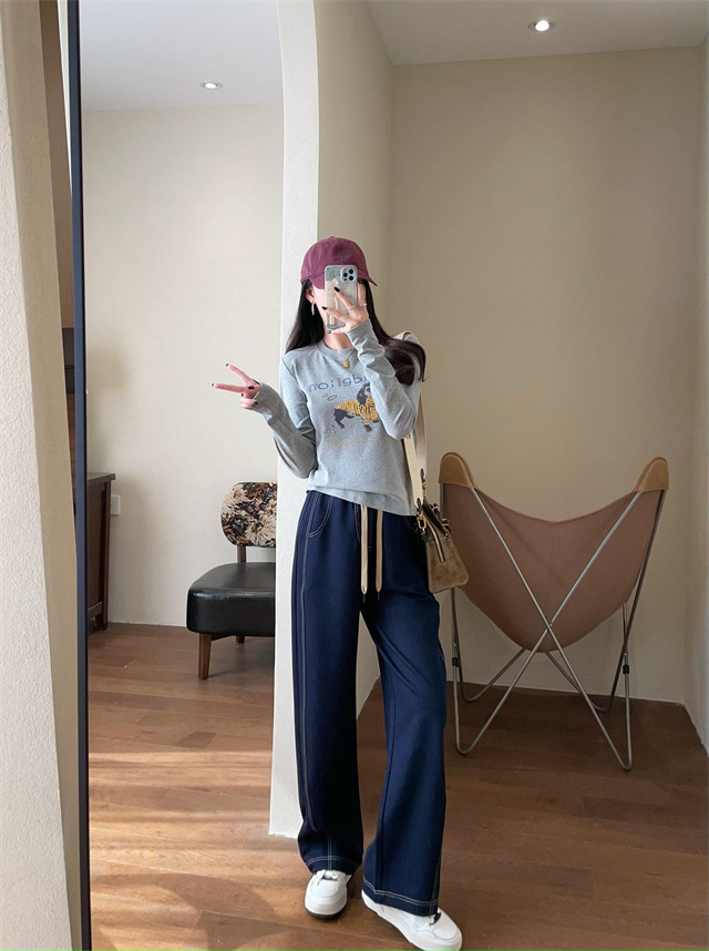 Playful and youthful embroidered printed puppy loose straight top straight-shoulder round-neck long-sleeved T-shirt for women 2025 early Spring G021418 pic 25