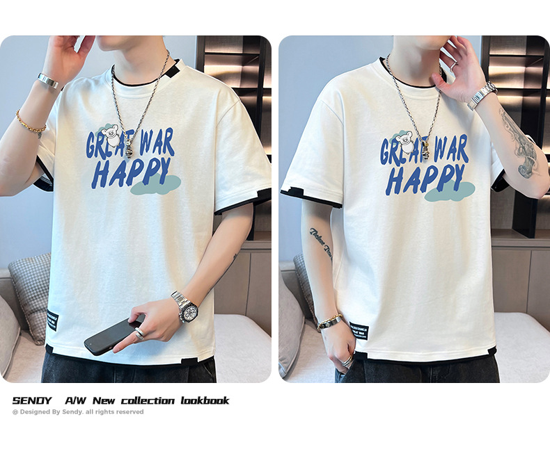 棉质新款夏季短袖T恤男款潮流宽松潮牌港风学生上衣圆领休闲透气详情14