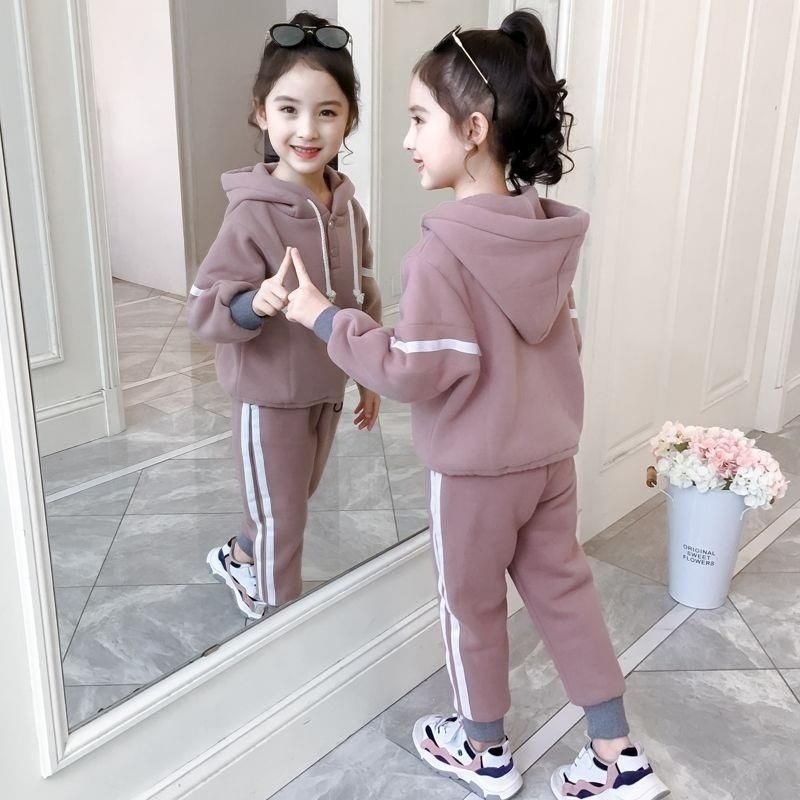 外贸加绒秋冬季2022新款儿童女童服装拼接连帽卫衣套装两件套批发详情18